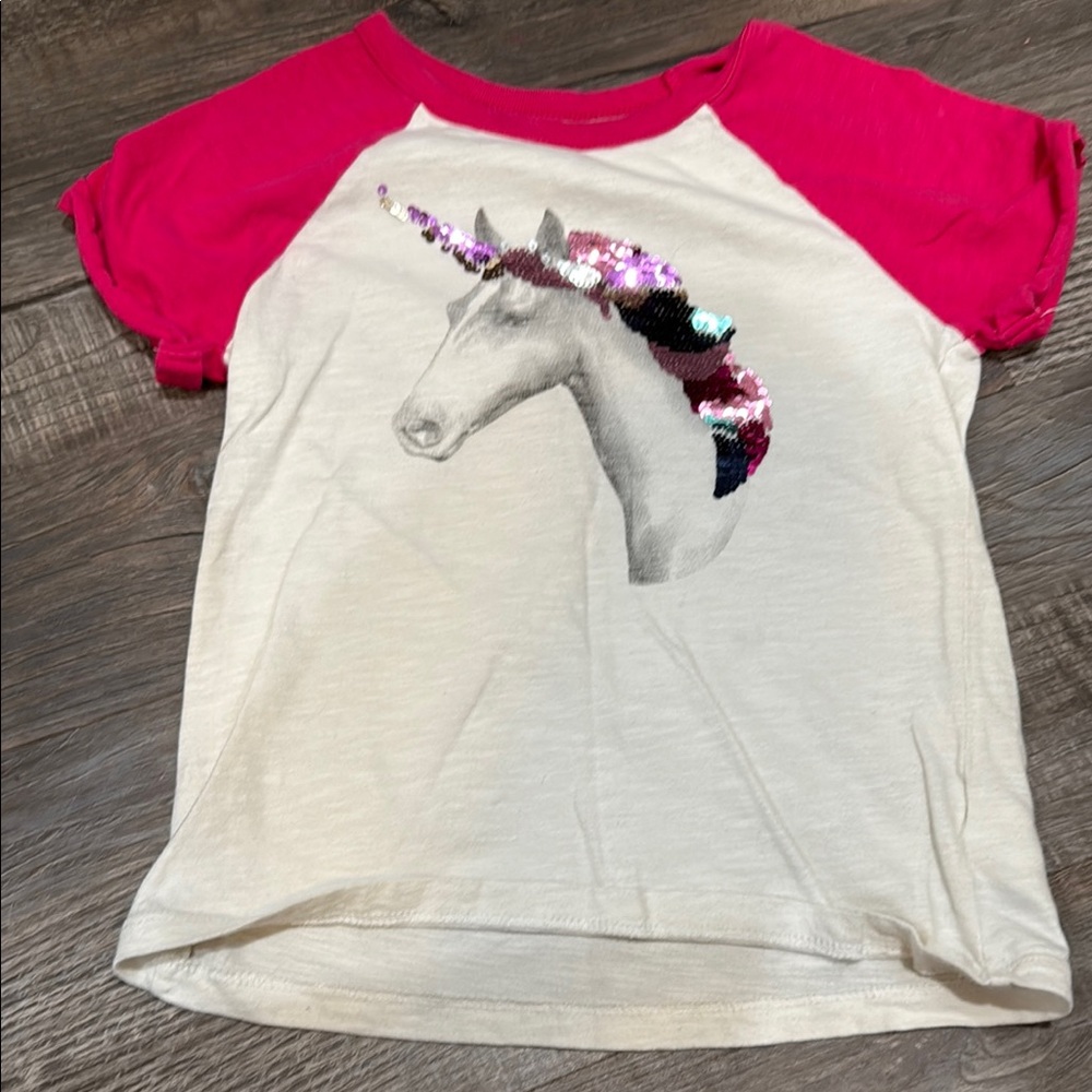GAP Cream and Pink Unicorn Sequin Tee